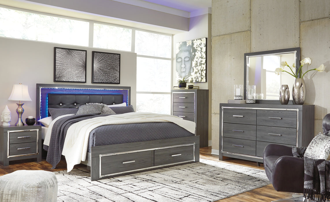 Lodanna King Panel Bed with 2 Storage Drawers with Mirrored Dresser and 2 Nightstands