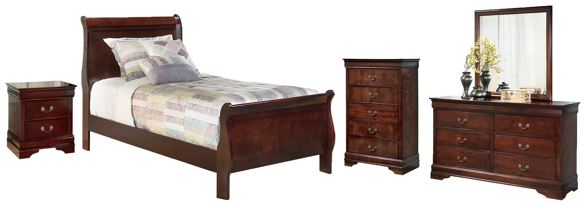 Alisdair  Sleigh Bed With Mirrored Dresser, Chest And Nightstand