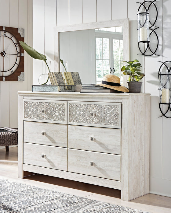 Paxberry King Panel Bed with Mirrored Dresser and Chest