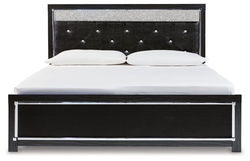 Kaydell King Upholstered Panel Bed with Mirrored Dresser, Chest and Nightstand