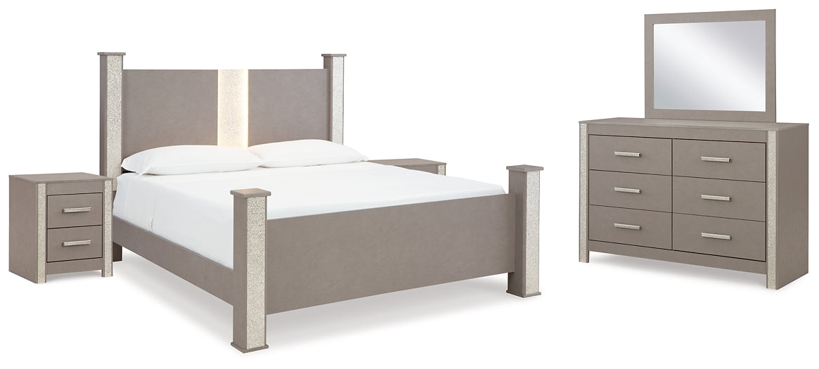 Surancha King Poster Bed with Mirrored Dresser and 2 Nightstands