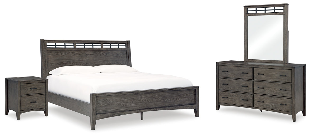 Montillan California King Panel Bed with Mirrored Dresser and Nightstand