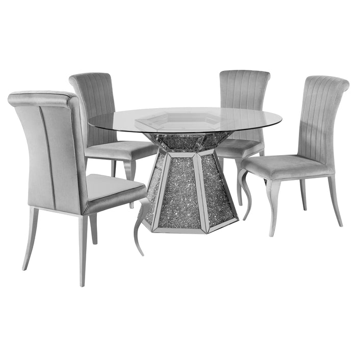 Quinn 5-piece Round Glass Top Mirrored Dining Set Grey