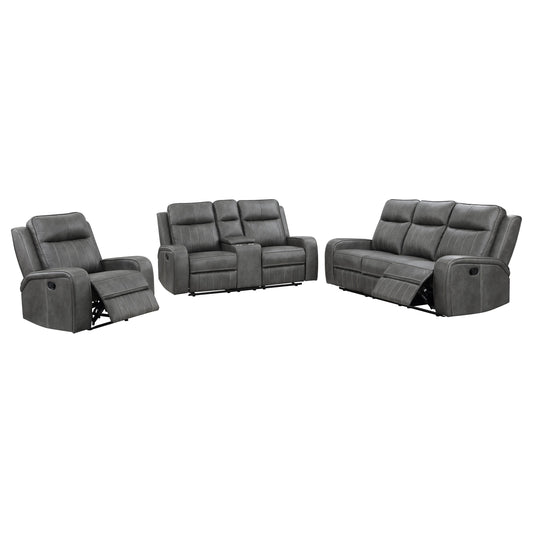 Raelynn 3-piece Upholstered Reclining Sofa Set Grey