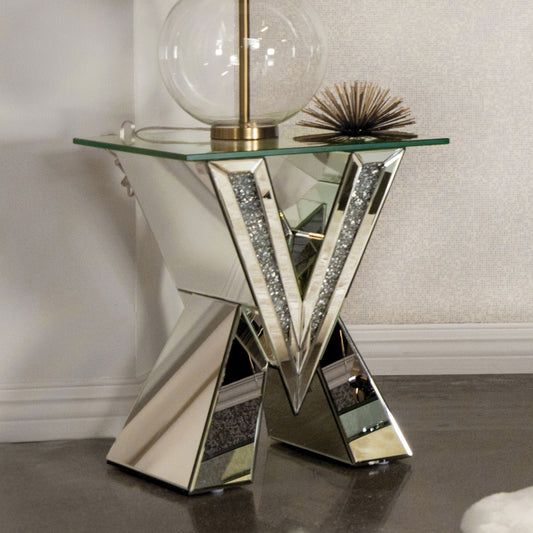 Taffeta Glass Top Mirrored Acrylic End Table Silver