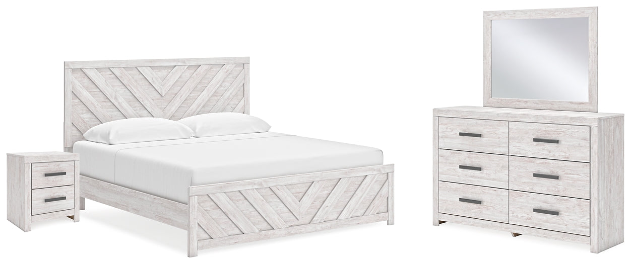 Cayboni King Panel Bed with Mirrored Dresser and Nightstand