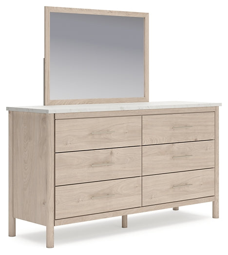 Cadmori Queen Upholstered Panel Bed with Mirrored Dresser and Chest