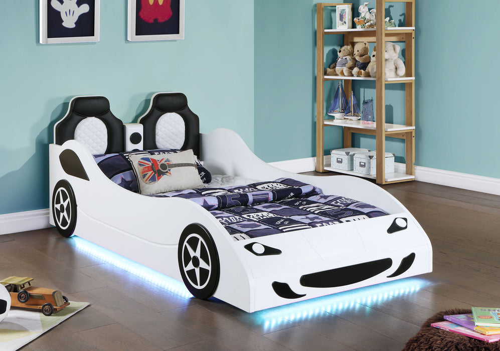 Cruiser Wood Twin LED Race Car Bed and 7-inch Mattress White