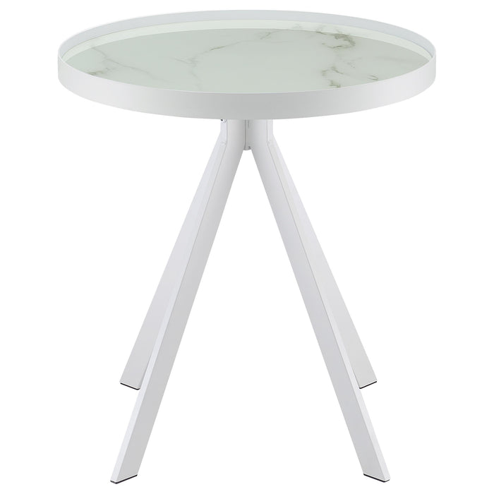 Briggs Round Marble Printed Glass Top End Side Table White