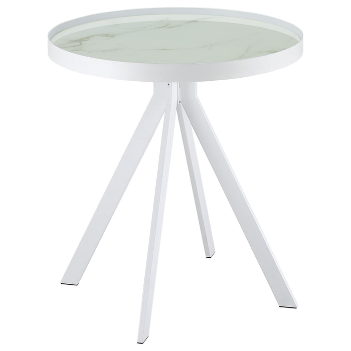 Briggs Round Marble Printed Glass Top End Side Table White