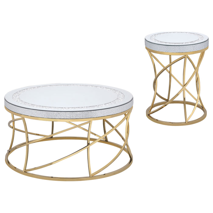 Elise 2-piece Round Mirror Top Coffee and End Table Set Gold